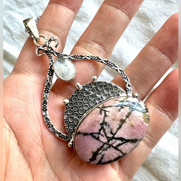 925 Pink Peruvian Opal + Moonstone Necklace Pendant - Picture 1 of 7